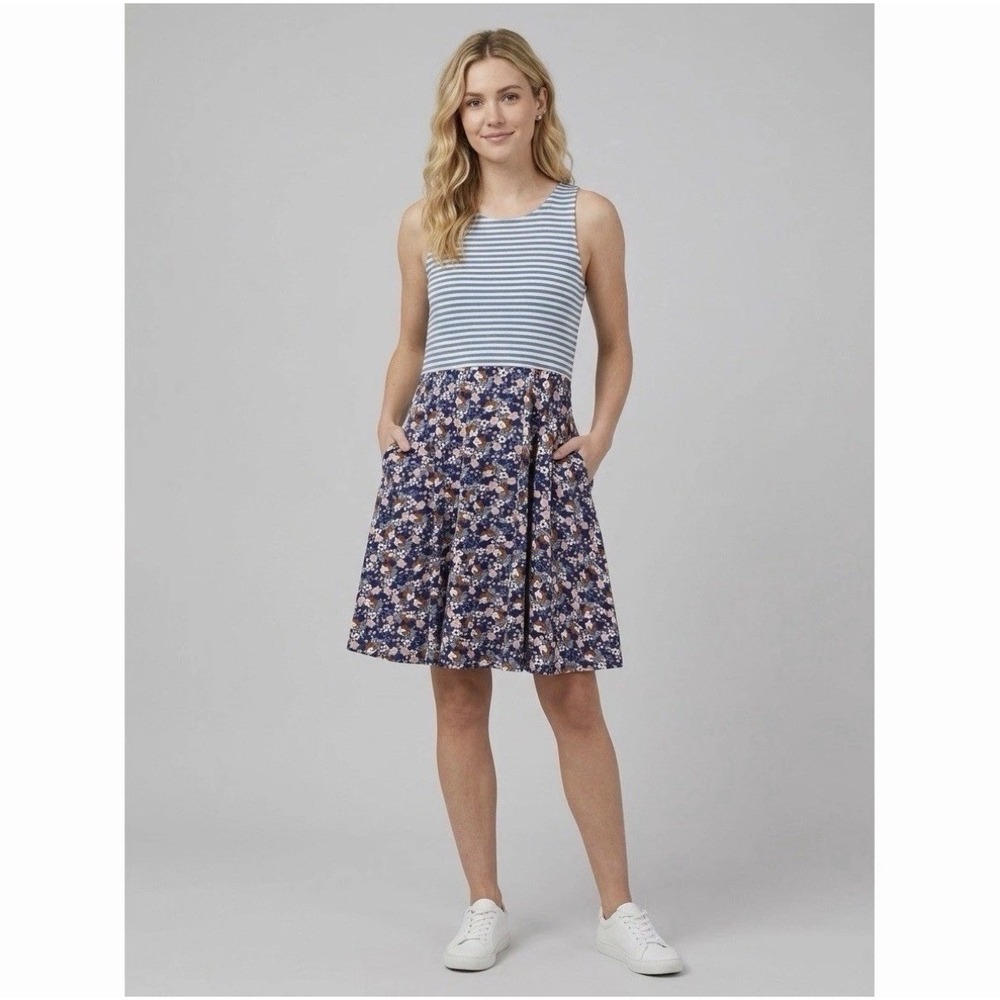 Pact Midi Dress Women M Floral Organic Cotton Fit Flare Pockets Coastal Nautical